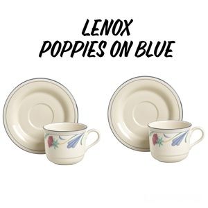 2 X Lenox Poppies On Blue Flat Cup & Saucer Set